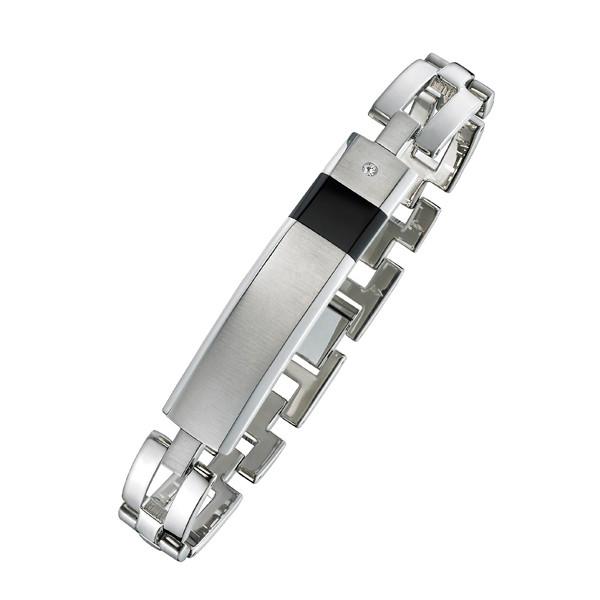 Steel ID Bracelet with Black Onyx CZ