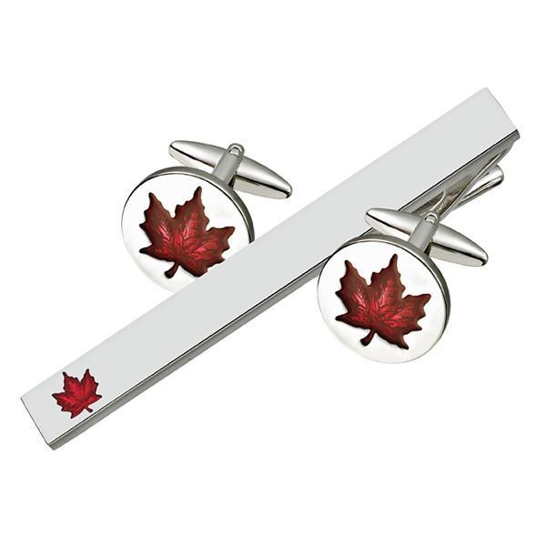 Red Maple Leaf Cufflink Tie Bar Set